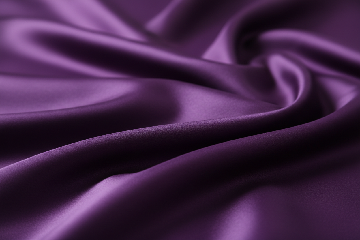 Wygeneruj mi zdjęcie fioletowej satynowej pościeli elegancko zwiniętej niech to będzie głęboki fiolet i niech to będzie zdjęcie takie z bliska 